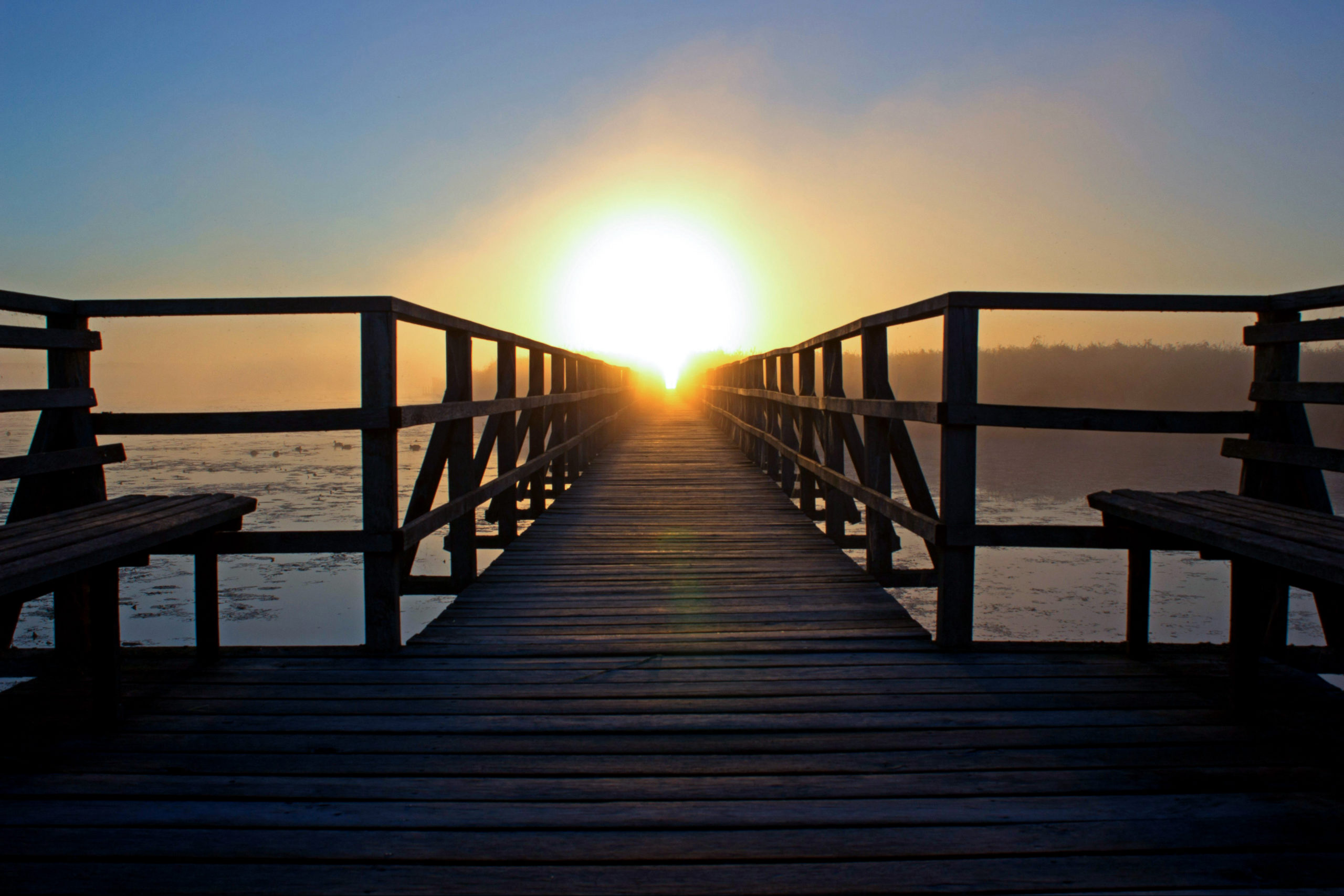 A wooden bridge leading into a radiant sunrise over a serene body of water