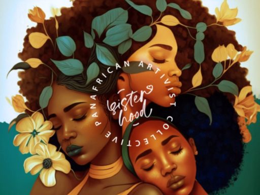 Artistic illustration of three Black women with natural hairstyles and floral elements, symbolizing sisterhood and Pan-African unity